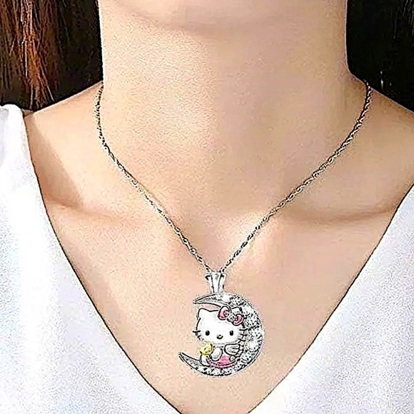 NEW STERLING SILVER HELLO KITTY ZIRCON MOON PENDANT NECKLACE - Picture 2 of 5